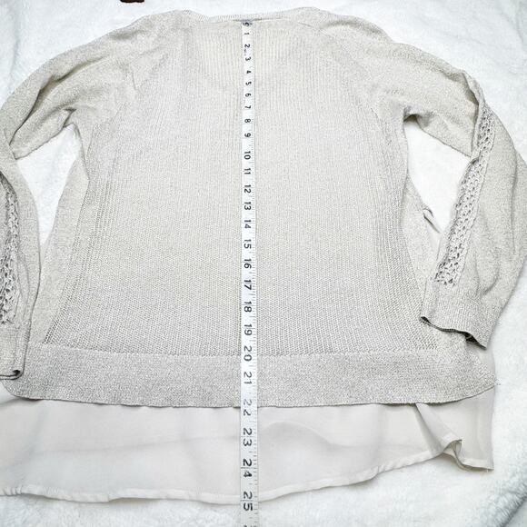 LUCKY BRAND Cream Gold Metallic Layered Crochet Sleeve V-neck Sweater Medium - Picture 8 of 10